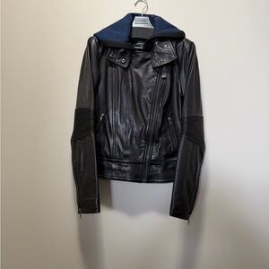 Mackage Black Leather Jacket with Navy Hood